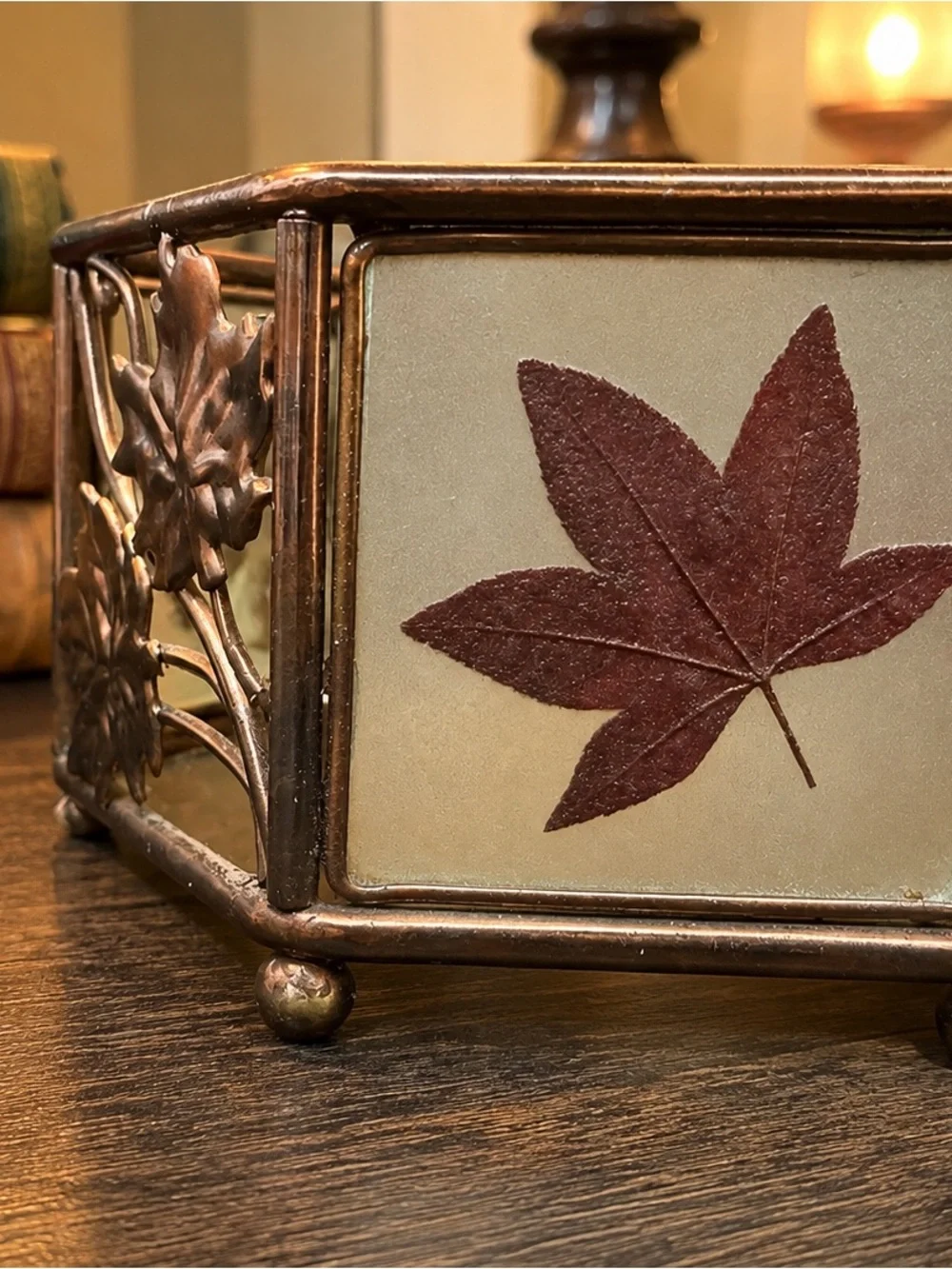 Vintage Kmart Copper Tone Maple Leaf Glass Candle Holder Fall Autumn Decor